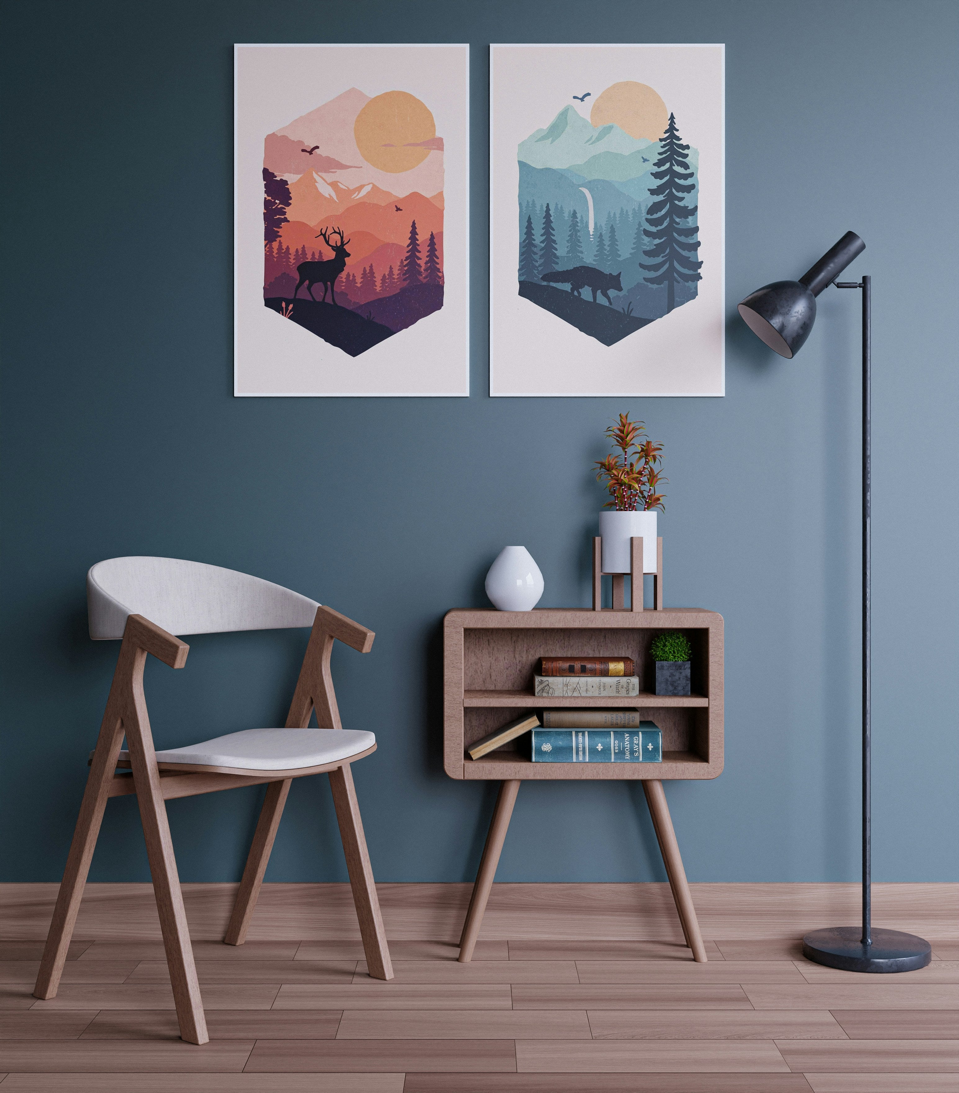 Salón nórdico decorado con pósters decorativos en pared azul
